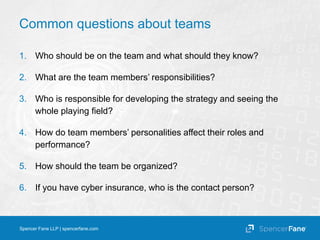 Spencer Fane LLP | spencerfane.com
Common questions about teams
1. Who should be on the team and what should they know?
2....