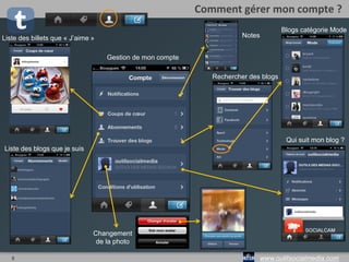 5 www.outilsocialmedia.com
Comment gérer mon compte ?
Rechercher des blogs
Liste des billets que « J’aime »
Liste des blogs que je suis
Qui suit mon blog ?
Blogs catégorie Mode
Notes
Gestion de mon compte
Changement
de la photo
 