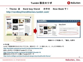 Tumblr OΥĥ

   ?  Theme ϡ Nord boy friend ФΡ New Book ǣ
   http://nerdboyfriendthemes.tumblr.com/




                                                Υک`xǡOѺ

 
tumblr ǻ񅧼Τ򤤤ƤʡoϤΥƩ`? 51 ޤȤᣨȡ٤؏դ
http://kachibito.net/web-service/51-tumblr-free-themes.html
⤷ߥå Tumblr Ʃ` 10
http://chips-tips.tumblr.com/post/18722495513/tumblr-10
oϤʤΤ˥ƥθߤ Tumblr ΥƩ`
http://soho-college.com/download/web-design-download/tumblr-theme/
                                                                     35
 
