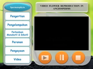 Spermatophyta
Pengertian
Pengelompokan
Perbedaan
Monokotil & Dikotil
Peranan
Pengayaan
Video
VIDEO FLOWER REPRODUCTION IN
ANGIOSPERMS
 