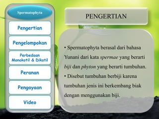 PENGERTIAN
• Spermatophyta berasal dari bahasa
Yunani dari kata spermae yang berarti
biji dan phyton yang berarti tumbuhan.
• Disebut tumbuhan berbiji karena
tumbuhan jenis ini berkembang biak
dengan menggunakan biji.
Spermatophyta
Pengertian
Pengelompokan
Perbedaan
Monokotil & Dikotil
Peranan
Pengayaan
Video
 