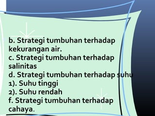  b. Strategi tumbuhan terhadap 
 kekurangan air.
 c. Strategi tumbuhan terhadap 
 salinitas
 d. Strategi tumbuhan terhadap suhu
 1). Suhu tinggi
 2). Suhu rendah
 f. Strategi tumbuhan terhadap 
 cahaya.
 