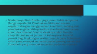 • Deuteromycotina: Disebut juga jamur tidak sempurna
(fungi imperfecti), Pembiakan dilakukan secara
vegetatif dengan menggunakan konidium, sedang alat
pembiakan generatifnya (askus atau basidium) belum
atau tidak dikenal. Contoh klasiknya ialah Monilia
sitophila. Kelompok jamur ini kebanyakan bersifat
parasit bagi lingkungan sekitar, contoh pada Sclerotium
rolfsii yang merupakan parasit pada bawang merah dan
Curvularia yang merupakan parasit pada rerumputan.
 