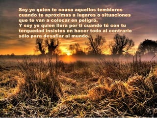 Soy yo quien te causa aquellos temblores cuando te aproximas a lugares o situaciones que te van a colocar en peligro.Y soy yo quien llora por ti cuando tú con tu terquedad insistes en hacer todo al contrario sólo para desafiar al mundo.