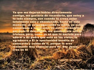 Ya que me dejaron hablar directamente contigo, me gustaría de recordarte, que estoy a tu lado siempre, aun cuando tú crees estar totalmente solo y abandonado, hasta en este momento yo estoy agarrando tu mano, yo estoy consolando a tu corazón, yo estoy mirándote, y por amarte demasiado, me quedo triste con tu tristeza, pero, como yo sé que tú naciste para adorar a mi padre que está en los cielos, le agradezco a Él la oportunidad bendita de conocerte y cuidar de ti, porque tú eres realmente muy especial para mí. Soy Jesús creo en ti! FUENTE: INTERNET