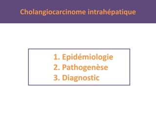 1. Epidémiologie
2. Pathogenèse
3. Diagnostic
Cholangiocarcinome intrahépatique
 