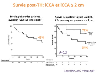 Survie post-TH: iCCA et iCCA ≤ 2 cm
Sapisochin, Am J Transpl 2014
Survie globale des patients
ayant un iCCA sur le foie natif
Survie des patients ayant un iCCA
≤ 2 cm « very early » versus > 2 cm
45%
71%
34%
P=0.2
 