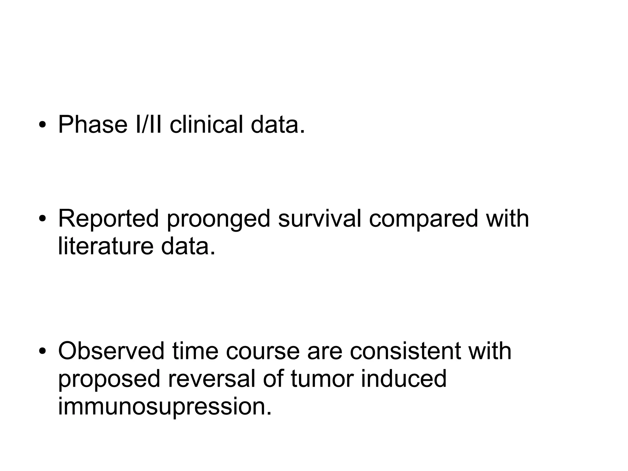 ● Phase I/II clinical data.
● Reported proonged survival compared with
literature data.
● Observed time course are consistent with
proposed reversal of tumor induced
immunosupression.
 