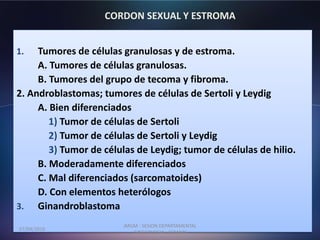 1. Tumores de células granulosas y de estroma.
A. Tumores de células granulosas.
B. Tumores del grupo de tecoma y fibroma.
2. Androblastomas; tumores de células de Sertoli y Leydig
A. Bien diferenciados
1) Tumor de células de Sertoli
2) Tumor de células de Sertoli y Leydig
3) Tumor de células de Leydig; tumor de células de hilio.
B. Moderadamente diferenciados
C. Mal diferenciados (sarcomatoides)
D. Con elementos heterólogos
3. Ginandroblastoma
CORDON SEXUAL Y ESTROMA
07/04/2016
JMGM - SESION DEPARTAMENTAL
GINECOLOGIA - CEMAIN
 