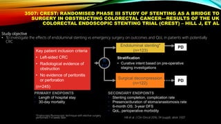 3507: CREST: RANDOMISED PHASE III STUDY OF STENTING AS A BRIDGE TO
SURGERY IN OBSTRUCTING COLORECTAL CANCER—RESULTS OF THE UK
COLORECTAL ENDOSCOPIC STENTING TRIAL (CREST) – HILL J, ET AL
Study objective
• To investigate the effects of endoluminal stenting vs emergency surgery on outcomes and QoL in patients with potentially
CRC
*Endoscopic/fluoroscopic technique with elective surgery
performed 1–4 weeks later. Hill et al. J Clin Oncol 2016; 34 (suppl): abstr 3507
R
1:1
PD
Stratification
• Curative intent based on pre-operative
staging investigations
Endoluminal stenting*
(n=123)Key patient inclusion criteria
• Left-sided CRC
• Radiological evidence of
obstruction
• No evidence of peritonitis
or perforation
(n=245)
PRIMARY ENDPOINTS
• Length of hospital stay
• 30-day mortality
SECONDARY ENDPOINTS
• Stenting completion, complication rate
• Presence/duration of stoma/anastomosis rate
• 6-month OS; 3-year DFS
• QoL, perioperative morbidity
PD
Surgical decompression
(n=122)
 