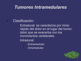 Tumores Intramedulares Clasificación: Extradural: se caracteriza por inicio  rápido del dolor en el lugar del tumor; dolor que se exacerba con los movimientos vertebrales.  Intradural: -Extramedular: -Intramedular: 