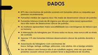 DADOS
 87% dos carcinomas de pulmão ocorrem em fumantes ativos ou naqueles que
pararam recentemente;
 Fumantes médios de cigarros risco 10x maior de desenvolver câncer de pulmão;
 Fumantes intensos (mais de 40 cigarros por dia por vários anos) apresentam
risco 60x maior de desenvolver câncer de pulmão;
 As mulheres apresentam maior suscetibilidade aos carcinógenos do tabaco que
os homens;
 A interrupção do tabagismo por 10 anos reduz os riscos, mas nunca até os níveis
de controle;
 Apenas 11% dos fumantes intensos desenvolvem câncer de pulmão durante a
vida;
 Associação do tabagismo com carcinomas de
boca, faringe, laringe, esôfago, pâncreas, colo uterino, rim e bexiga urinária;
 Uso de tabaco sem fumaça não é um substituto seguro, uma vez que esses
produtos causam câncer oral e podem levar a dependência de nicotina.
 