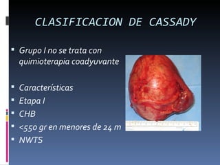 CLASIFICACION DE CASSADY

 Grupo I no se trata con
  quimioterapia coadyuvante

 Características
 Etapa I
 CHB
 <550 gr en menores de 24 m
 NWTS
 