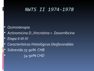 NWTS II 1974-1978


 Quimioterapia
 Actinomicina D ,Vincristina + Doxorribicina
 Etapa II-III-IV
 Características Histológicas Desfavorables
 Sobrevida 75-90% CHB
           54-90% CHD
 
