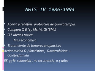 NWTS IV 1986-1994

 Acorta y redefine protocolos de quimioterapia
 Compara Q E (15 Ms) Vs QI (6Ms)
 Q I Menos toxica
       Mas económica
 Tratamiento de tumores anaplasicos
Actinomicina D ,Vincristina , Doxorrubicina +
  ciclofosfamida
88-95% sobrevida , no recurrencia a 4 años
 