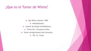 ¿Que es el Tumor de Wilms?
 Max Wilms, Aleman, 1899.
 Nefroblastoma.
 A partir de células nefroblásticas.
 Tumor GU > frecuencia niños.
 Tumor retroperitoneal más frecuente.
 75% <5, 3 años.
 