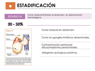 ESTADIFICACIÓN
ESTADIO III
Tumor residual limitado al abdomen, sin diseminación
hematógena.
Tumor residual en abdomen.
Tumor en ganglios linfáticos abdominales.
Contaminación peritoneal
difusa/implantes periotoneales.
Márgenes quirúrgicos positivos.
 