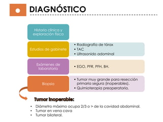 DIAGNÓSTICO
Historia clínica y
exploración física
• Radiografía de tórax
• TAC
• Ultrasonido adominal
Estudios de gabinete
• EGO, PFR, PFH, BH.
Exámenes de
laboratorio
• Tumor muy grande para resección
primaria segura (inoperables).
• Quimioterapia preoperatoria.
Biopsia
• Diámetro máximo ocupa 2/3 o > de la cavidad abdominal.
• Tumor en vena cava
• Tumor bilateral.
 