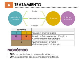 TRATAMIENTO
Multidisci-
plinario
Cirugía
Quimioterapia
Radiación
Estadio
Volumen
tumoral
ESTADIOS
I II Cirugía + Quimioterapia
III IV Biopsia + Quimioterapia + Cirugía +
Quimioterapia/Radioterapia
V Quimioterapia + Cirugía +
Quimioterapia/Radioterapia
• 90% en pacientes con tumores localizados.
• 70% en pacientes con enfermedad metastásica.
 