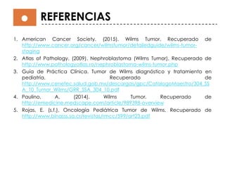 1. American Cancer Society. (2015). Wilms Tumor. Recuperado de
http://www.cancer.org/cancer/wilmstumor/detailedguide/wilms-tumor-
staging
2. Atlas of Pathology. (2009). Nephroblastoma (Wilms Tumor). Recuperado de
http://www.pathologyatlas.ro/nephroblastoma-wilms-tumor.php
3. Guía de Práctica Clínica. Tumor de Wilms diagnóstico y tratamiento en
pediatría. Recuperado de
http://www.cenetec.salud.gob.mx/descargas/gpc/CatalogoMaestro/304_SS
A_10_Tumor_Wilms/GRR_SSA_304_10.pdf
4. Paulino, A. (2014). Wilms Tumor. Recuperado de
http://emedicine.medscape.com/article/989398-overview
5. Rojas, E. (s.f.). Oncología Pediátrica Tumor de Wilms. Recuperado de
http://www.binasss.sa.cr/revistas/rmcc/599/art23.pdf
REFERENCIAS
 