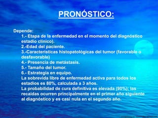 PRONÓSTICO:
Depende:
1.- Etapa de la enfermedad en el momento del diagnóstico
estadio clínico).
2.-Edad del paciente.
3.-Características histopatológicas del tumor (favorable o
desfavorable)
4.- Presencia de metástasis.
5.- Tamaño del tumor.
6.- Estrategia en equipo.
La sobrevida libre de enfermedad activa para todos los
estadios es 80%, calculada a 3 años.
La probabilidad de cura definitiva es elevada (90%); las
recaídas ocurren principalmente en el primer año siguiente
al diagnóstico y es casi nula en el segundo año.
 