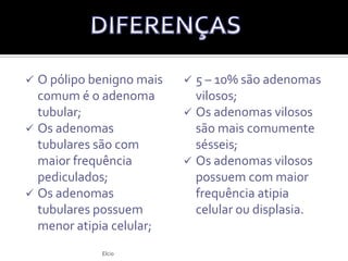 Adenoma tubular (com glândulas tubulares ramificadas);Adenoma viloso (com longas projeções digitiformes do epitélio superficial);Adenoma tubuloviloso (com elementos de ambos padrões celulares);CLASSIFICAÇÃO HISTOLÓGICAElcio