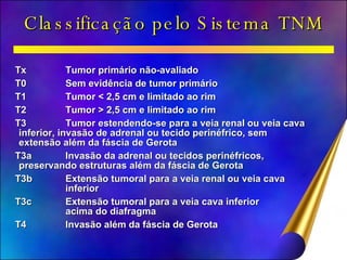 Classificação pelo Sistema TNM Tx Tumor primário não-avaliado T0 Sem evidência de tumor primário T1 Tumor < 2,5 cm e limitado ao rim T2 Tumor > 2,5 cm e limitado ao rim T3 Tumor estendendo-se para a veia renal ou veia cava  inferior, invasão de adrenal ou tecido perinéfrico, sem  extensão além da fáscia de Gerota T3a Invasão da adrenal ou tecidos perinéfricos,  preservando estruturas além da fáscia de Gerota T3b Extensão tumoral para a veia renal ou veia cava  inferior T3c Extensão tumoral para a veia cava inferior acima do diafragma T4 Invasão além da fáscia de Gerota 