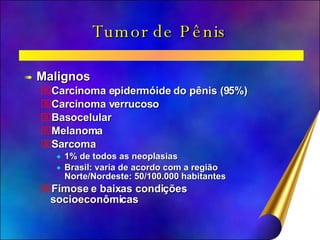 Tumor de Pênis Malignos Carcinoma epidermóide do pênis (95%) Carcinoma verrucoso Basocelular Melanoma Sarcoma 1% de todos as neoplasias Brasil: varia de acordo com a região Norte/Nordeste: 50/100.000 habitantes Fimose e baixas condições  socioeconômicas 