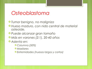 Osteoblastoma
 Tumor benigno, no maligniza
 Hueso maduro, con nido central de material
osteoide.
 Puede alcanzar gran tamaño
 Más en varones (2:1), 20-40 años
 Asienta en:
 Columna (50%)
 Maxilares
 Extremidades (huesos largos y cortos)
 
