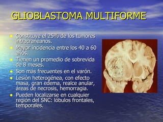 GLIOBLASTOMA MULTIFORME Constituye el 25% de los tumores intracraneanos. Mayor incidencia entre los 40 a 60 años. Tienen un promedio de sobrevida de 8 meses.  Son más frecuentes en el varón. Lesión heterogénea, con efecto masa, gran edema, realce anular, áreas de necrosis, hemorragia. Pueden localizarse en cualquier región del SNC: lóbulos frontales, temporales. 