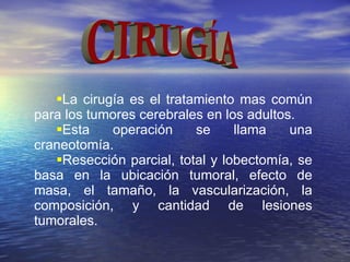 La cirugía es el tratamiento mas común para los tumores cerebrales en los adultos. Esta operación se llama una craneotomía. Resección parcial, total y lobectomía, se basa en la ubicación tumoral, efecto de masa, el tamaño, la vascularización, la composición, y cantidad de lesiones tumorales.  CIRUGÍA 