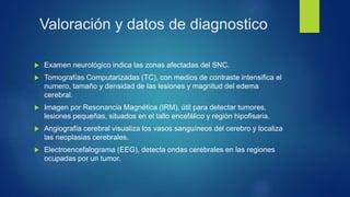 Valoración y datos de diagnostico
 Examen neurológico indica las zonas afectadas del SNC.
 Tomografías Computarizadas (TC), con medios de contraste intensifica el
numero, tamaño y densidad de las lesiones y magnitud del edema
cerebral.
 Imagen por Resonancia Magnética (IRM), útil para detectar tumores,
lesiones pequeñas, situados en el tallo encefálico y región hipofisaria.
 Angiografía cerebral visualiza los vasos sanguíneos del cerebro y localiza
las neoplasias cerebrales.
 Electroencefalograma (EEG), detecta ondas cerebrales en las regiones
ocupadas por un tumor.
 