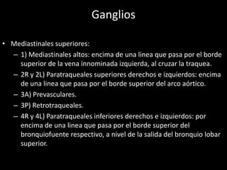 Ganglios
• Mediastinales superiores:
– 1) Mediastinales altos: encima de una linea que pasa por el borde
superior de la vena innominada izquierda, al cruzar la traquea.
– 2R y 2L) Paratraqueales superiores derechos e izquierdos: encima
de una linea que pasa por el borde superior del arco aórtico.
– 3A) Prevasculares.
– 3P) Retrotraqueales.
– 4R y 4L) Paratraqueales inferiores derechos e izquierdos: por
encima de una linea que pasa por el borde superior del
bronquiofuente respectivo, a nivel de la salida del bronquio lobar
superior.
 