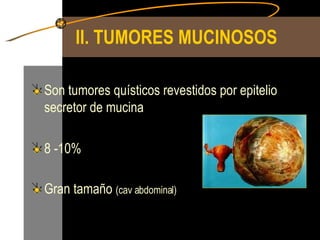II. TUMORES MUCINOSOS Son tumores quísticos revestidos por epitelio secretor de mucina 8 -10% Gran tamaño  (cav abdominal) 