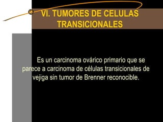 VI. TUMORES DE CELULAS TRANSICIONALES Es un carcinoma ovárico primario que se parece a carcinoma de células transicionales de vejiga sin tumor de Brenner reconocible. 
