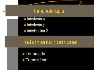 Inmunoterapia  Interferón   Interferón   Interleucina 2 Tratamiento hormonal Leuprolida Tamoxifeno 