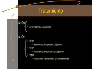 Tratamiento Qx:  ovariectomía unilateral Qt: BEP Bleomicina, Etopósido, Cisplatino. VBP Vinblastina, Bleomicina y Cisplatino VAC Vincristina, Actinomicina y Ciclofosfamida. 