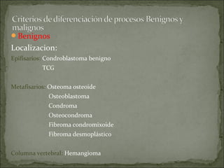 Benignos
Localizacion:
Epifisarios: Condroblastoma benigno
TCG
Metafisarios: Osteoma osteoide
Osteoblastoma
Condroma
Osteocondroma
Fibroma condromixoide
Fibroma desmoplástico
Columna vertebral: Hemangioma
 