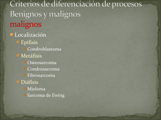 Localización
Epífisis
Condroblastoma
Metáfisis
Osteosarcoma
Condrosarcoma
Fibrosarcoma
Diáfisis
Mieloma
Sarcoma de Ewing
 