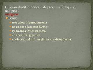 Edad:
1ros años: Neuroblastoma
10-20 años Sarcoma Ewing
15-20 años Osteosarcoma
40 años Tcel gigantes
50-80 años METS, mieloma, condrosarcoma
 