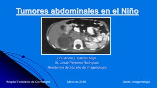 Tumores abdominales en el Niño
Dra. Annia J. Garcia Diego.
Dr. Josué Perdomo Rodriguez.
Residentes de 2do año de Imagenología
Hospital Pediátrico de Cienfuegos Mayo de 2016 Depto.-Imagenología
 