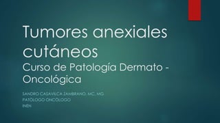 Tumores anexiales
cutáneos
Curso de Patología Dermato -
Oncológica
SANDRO CASAVILCA ZAMBRANO, MC, MG
PATÓLOGO ONCÓLOGO
INEN
 