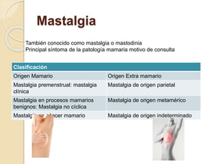 Mastalgia
Clasificación
Origen Mamario Origen Extra mamario
Mastalgia premenstrual: mastalgia
clínica
Mastalgia de origen parietal
Mastalgia en procesos mamarios
benignos: Mastalgia no cíclica
Mastalgia de origen metamérico
Mastalgia en cáncer mamario Mastalgia de origen indeterminado
También conocido como mastalgia o mastodinia
Principal síntoma de la patología mamaria motivo de consulta
 