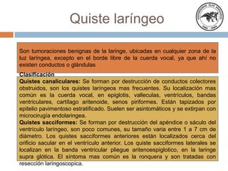 Quiste laríngeo
Son tumoraciones benignas de la laringe, ubicadas en cualquier zona de la
luz laríngea, excepto en el borde libre de la cuerda vocal, ya que ahí no
existen conductos o glándulas
Clasificación
Quistes canaliculares: Se forman por destrucción de conductos colectores
obstruidos, son los quistes laríngeos mas frecuentes. Su localización mas
común es la cuerda vocal, en epiglotis, valleculas, ventrículos, bandas
ventriculares, cartílago aritenoide, senos piriformes. Están tapizados por
epitelio pavimentoso estratificado. Suelen ser asintomáticos y se extirpan con
microcirugía endolaringea.
Quistes sacciformes: Se forman por destrucción del apéndice o sáculo del
ventrículo laríngeo, son poco comunes, su tamaño varia entre 1 a 7 cm de
diámetro. Los quistes sacciformes anteriores están localizados cerca del
orificio sacular en el ventrículo anterior. Los quiste sacciformes laterales se
localizan en la banda ventricular pliegue aritenoespiglotico, en la laringe
supra glótica. El síntoma mas común es la ronquera y son tratadas con
resección laringoscopica.

 