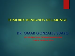 TUMORES BENIGNOS DE LARINGE
DR. OMAR GONZALES SUAZO.
JEFE DE SERVICIO DE OTORRINOLARINGOLOGIA.
CLINICA PADRE LUIS TEZZA.
 