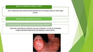 •Es el adenoma que asienta directamente en la mucosa cólica y tiene base
ancha.
¿Qué es el adenoma velloso o sésil?
Predecesor comprobado de cáncer.
•Secretar abundante sustancia mucosa y potasio, o cual en ocasiones
origina pérdida importante de líquidos y electrolitos.
¿Cuál es una de las características del adenoma velloso?
 
