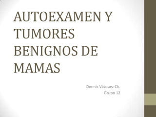 AUTOEXAMEN Y
TUMORES
BENIGNOS DE
MAMAS
        Dennis Vásquez Ch.
                 Grupo 12
 