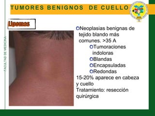 FACULTADDEMEDICINA
T U M O R E S B E N I G N O S D E C U E L L O
Lipomas
Neoplasias benignas de
tejido blando más
comunes. >35 A
Tumoraciones
indoloras
Blandas
Encapsuladas
Redondas
15-20% aparece en cabeza
y cuello
Tratamiento: resección
quirúrgica
 