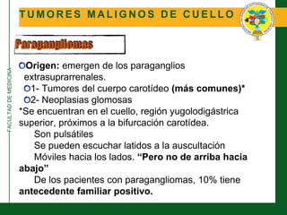 FACULTADDEMEDICINA
T U M O R E S M A L I G N O S D E C U E L L O
Paragangliomas
Origen: emergen de los paraganglios
extrasuprarrenales.
1- Tumores del cuerpo carotídeo (más comunes)*
2- Neoplasias glomosas
*Se encuentran en el cuello, región yugolodigástrica
superior, próximos a la bifurcación carotídea.
Son pulsátiles
Se pueden escuchar latidos a la auscultación
Móviles hacia los lados. “Pero no de arriba hacia
abajo”
De los pacientes con paragangliomas, 10% tiene
antecedente familiar positivo.
 