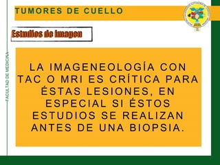 FACULTADDEMEDICINA
T U M O R E S D E C U E L L O
Estudios de imagen
L A I M A G E N E O L O G Í A C O N
T A C O M R I E S C R Í T I C A P A R A
É S T A S L E S I O N E S , E N
E S P E C I A L S I É S T O S
E S T U D I O S S E R E A L I Z A N
A N T E S D E U N A B I O P S I A .
 